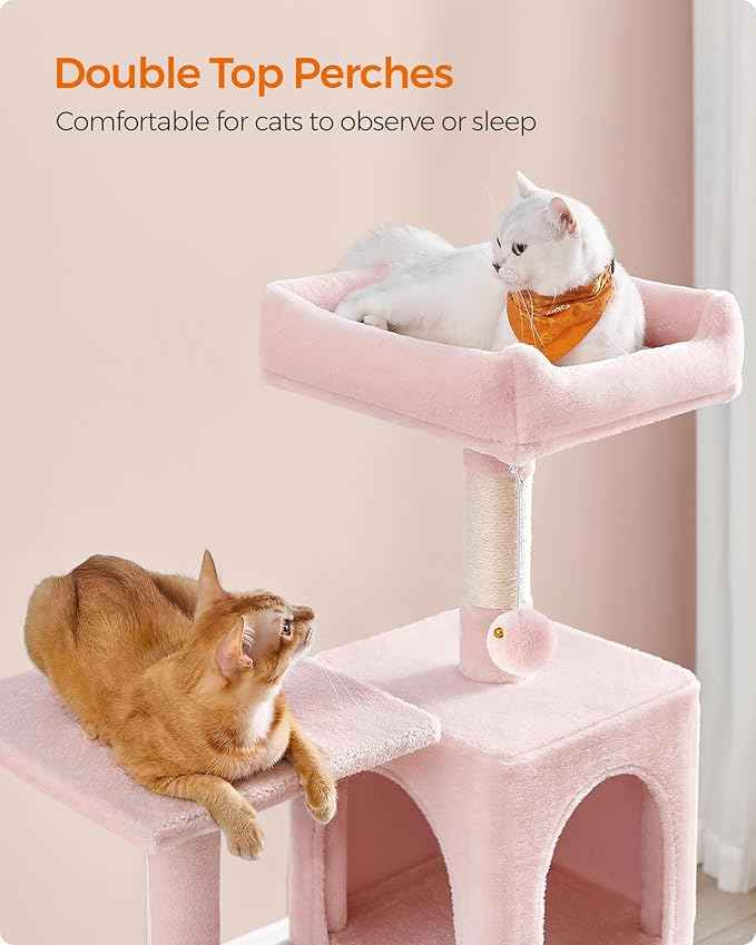 Feandrea Cat Tree, 55.1-Inch Cat Tower, Plush Multi-Level Condo with 4 Scratching Posts, 2 Perches, Hammock, Cave, Jelly Pink UPCT161P01