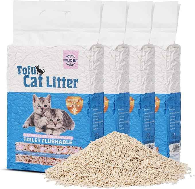 Tofu Cat Litter 22.4LB(5.6LB*4 Bags) Fast Clumping, Dust-Free,100% Natural Raw Materials, Clumping,Flushable,Ultra Absorbent and Fast Drying,Solubility in Water,Really,Less Scattering