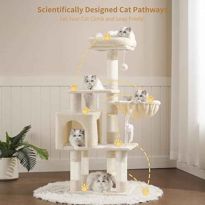 Heybly Cat Tree with Toy, Cat Tower Condo for Indoor Cats, Cat House with Padded Plush Perch, Cozy Hammock and Sisal Scratching Posts, Beige HCT004SM