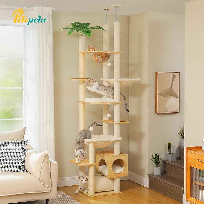 PETEPELA Floor to Ceiling Cat Tree,93.3''-100.8'' Height Adjustable Wooden Cat Tower, Tall Modern Climbing Tree with Large Hammock, Soft Perch and Scratching Post for Indoor Cats Large Adult, Beige