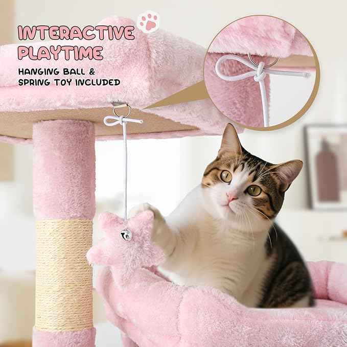 MoNiBloom 58 Inch Cat Tree Tower for Indoor Cats Large Adults, Pink Cat Tower with Scratching Post & Hammock, Pet Play House with Cat Condo, Soft Pink