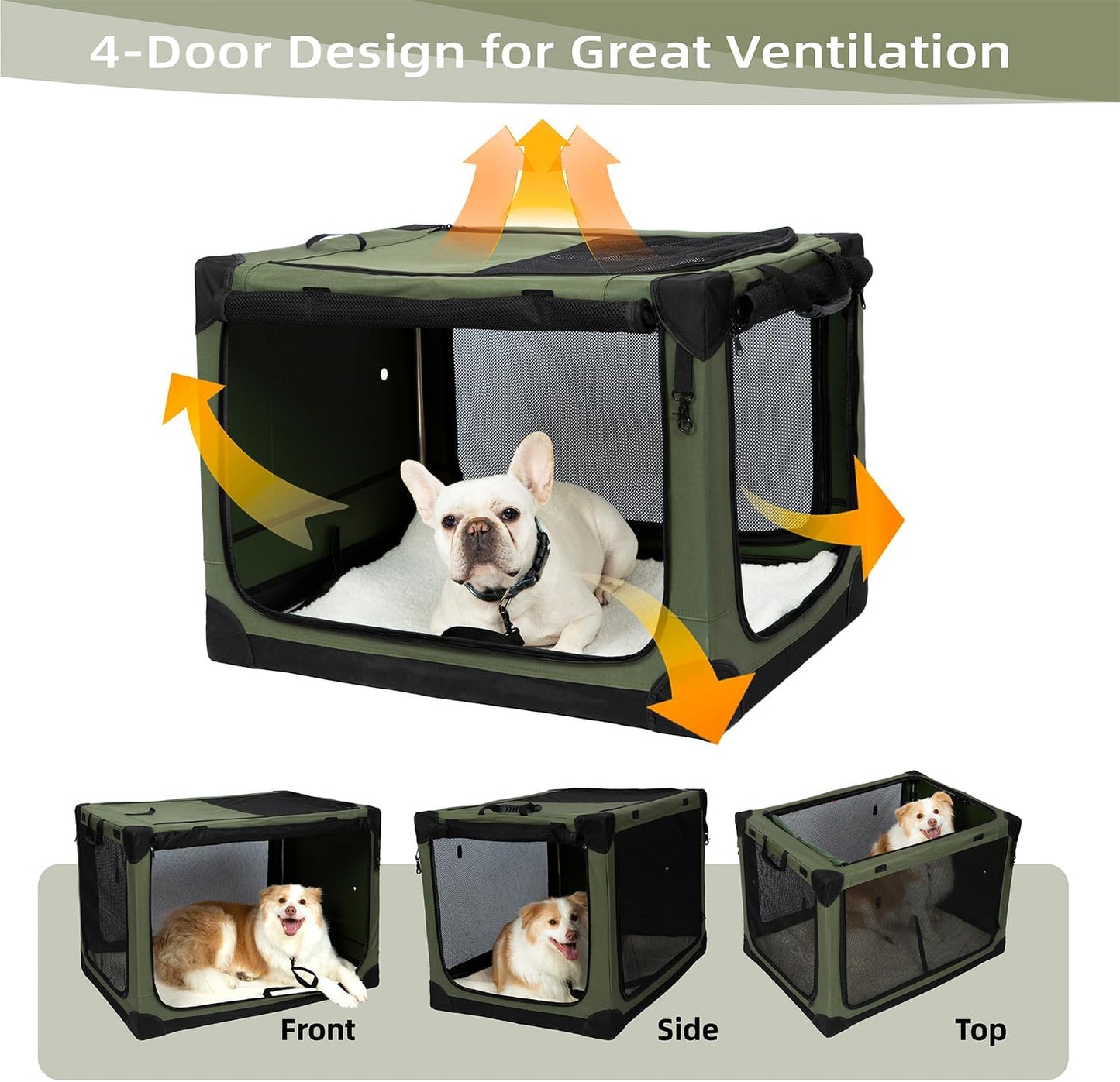 Pettycare Portable Travel Dog Crate 4-Door Soft Sided 30 Inch Collapsible Dog Crate with Curtains Durable Mesh Foldable Pet Kennel Soft Crates for Medium Dogs Indoor & Outdoor Olive Green