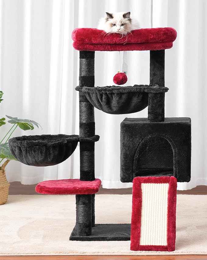 Hey-brother Gothic Cat Tree, Cat Tower for Indoor Cats, Cat House with Large Padded Bed, Cozy Condo, Hammocks, Sisal Scratching Posts, Big Scratcher, Black and Red MPJ006SBR