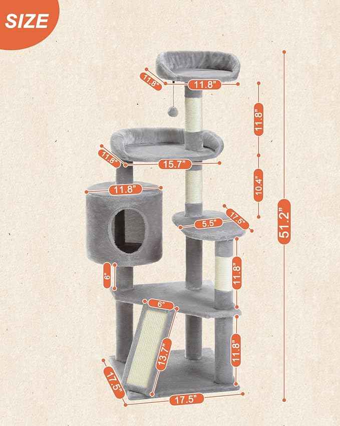 Multi-Level Cat Tree Tower for Indoor Cats, 51.2” Tall Cat Condo with Plush Perch, Scratching Posts & Cozy Hammock, Stable Cat Climbing Tower for Large Cats and Kittens