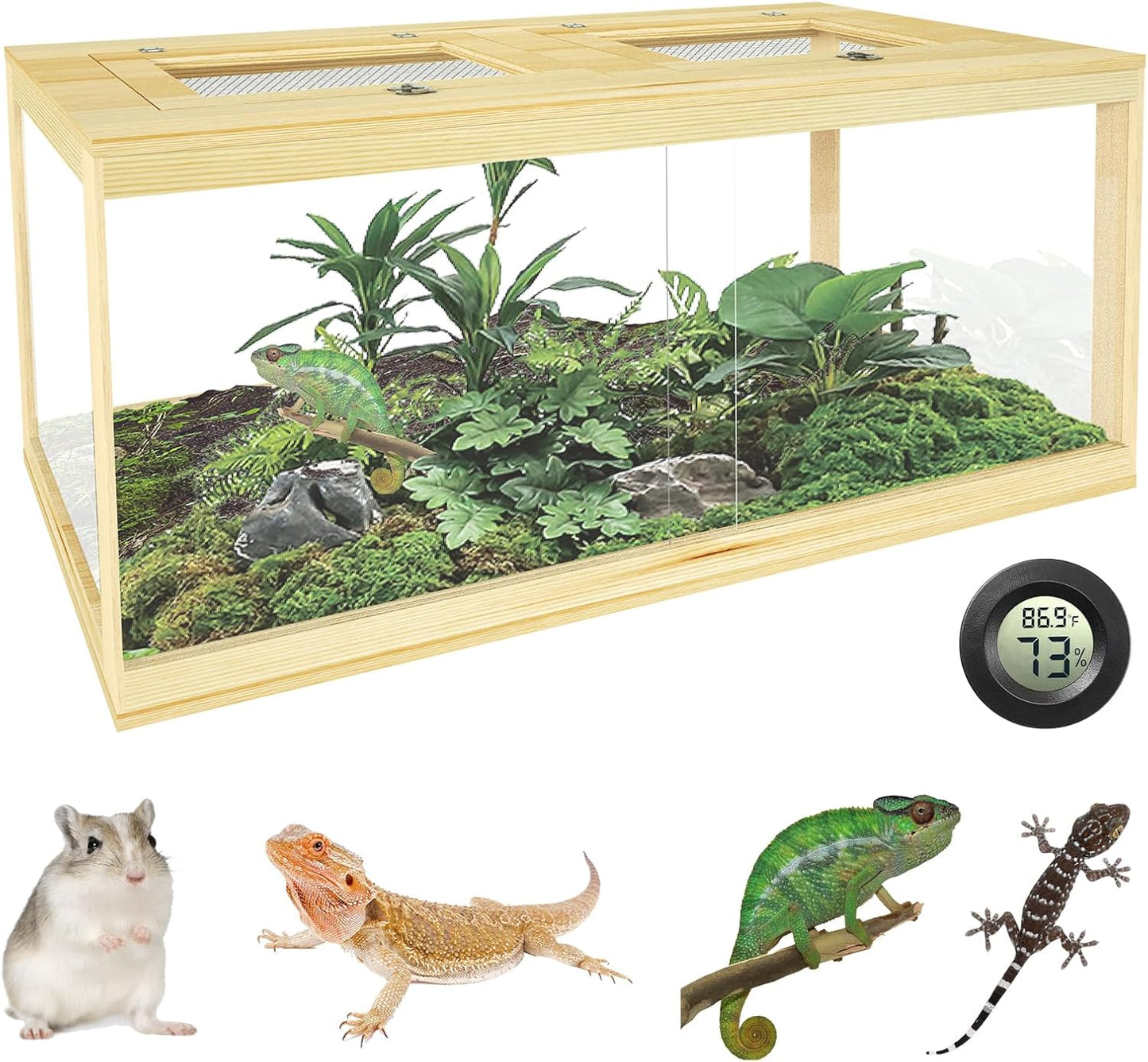 80 Gallon Reptile Tank - 48" Lockable Sliding Door Bearded Dragon & Snake Tank with Metal Mesh Roof, Front Opening Terrarium for Lizards, Leopard Gecko (Wood, 48" x 20" x 20") - FurryFun