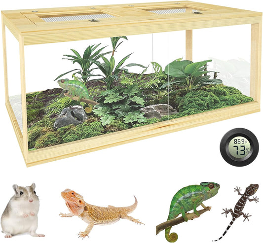 80 Gallon Reptile Tank - 48" Lockable Sliding Door Bearded Dragon & Snake Tank with Metal Mesh Roof, Front Opening Terrarium for Lizards, Leopard Gecko (Wood, 48" x 20" x 20") - FurryFun