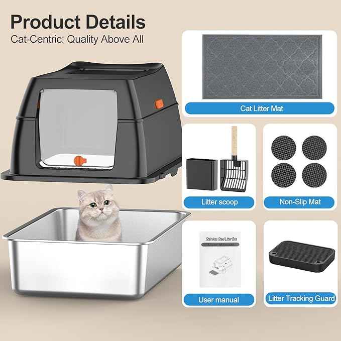 Stainless Steel Litter Box with Lid,Front Entry Top Exit Kitty LitterBox,Extra Large Enclosed Metal Cat Box with Litter Scoop & Litter Mat-Black