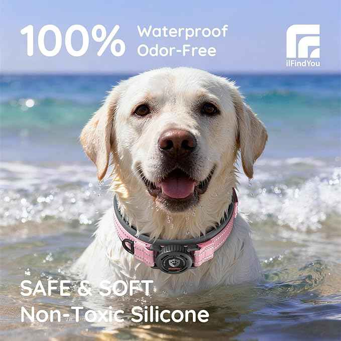 Upgraded AirTag Dog Collar with Holder, Waterproof Reflective Air Tag Dog Collar with Widened Comfortable Padding & Ultra-Durable Metal Buckle, Adjustable for Medium (Pink, Small)