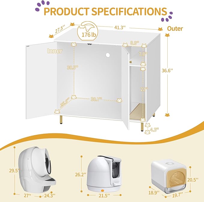 Extra Large Cat Litter Box Enclosure, Automatic Litter Box Furniture with Scratch Pad, Wooden Modern Self-Cleaning Cat Cabinet with Storage, Cats House, End Table, White and Gold CB87103G