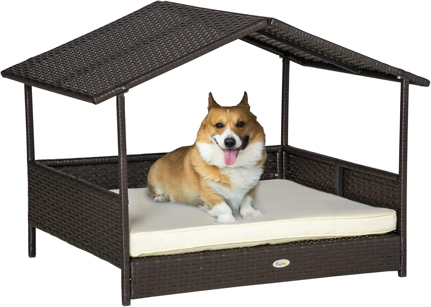 PawHut Wicker Dog House Outdoor with Canopy, Rattan Dog Bed with Water-Resistant Cushion, Raised Dog Bed for Small, Medium Dogs up to 66 lbs, 19.75" in Length, Brown Wicker, White Cushion