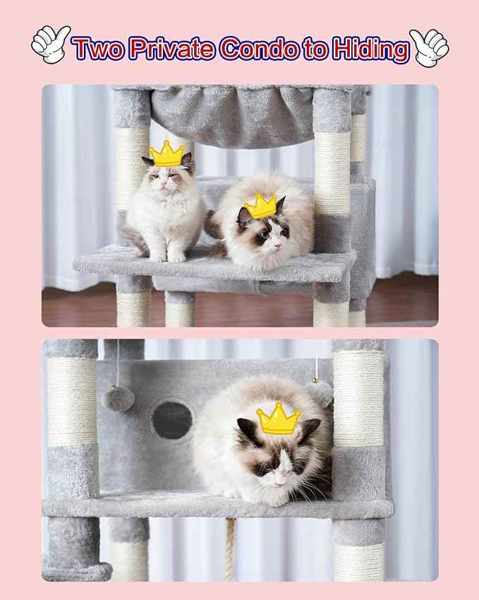Cat Tree for Indoor Cats Large Adult, 74" Cat Tower with 3 Big Platforms, 2 Baskets, 2 Condos, Multi-Level Cat Scratching Posts, Light Gray GCT030W