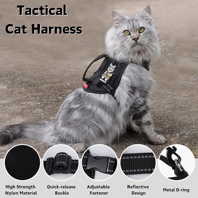 Cat Harness and Leash Set for Walking Escape Proof Adjustable Reflective Large Cat Tactical Harness with Patches Breathable Summer Vest Soft Mesh Padding Handle Easy to Control (Black, M)