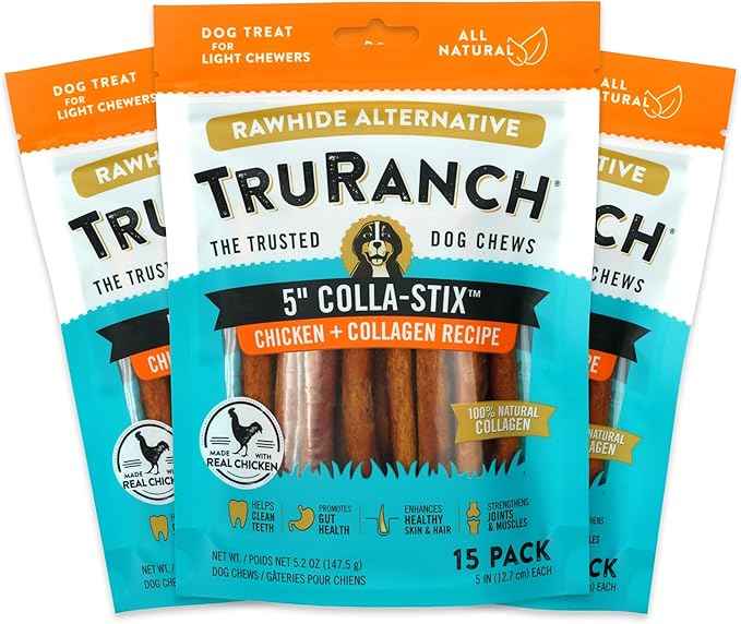 TRURANCH Collagen Sticks - 5" Collagen Sticks for Dogs - Long Lasting Healthy Joint Support - Rawhide Alternative - Skin & Coat Health - Made with Real Chicken, Value Pack, 3 Bags, 45 Count