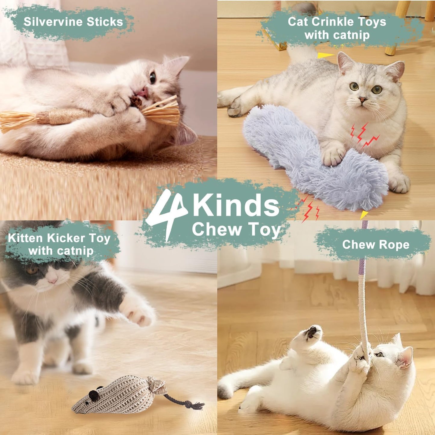 7-in-1 Interactive Cat Toys for Indoor Cats with Washable Adhesive Suction Cup, Hanging Cat Toys, Silvervine Stick and Sisal Chew Rope Catnip Teething Toy for Bored Kitten