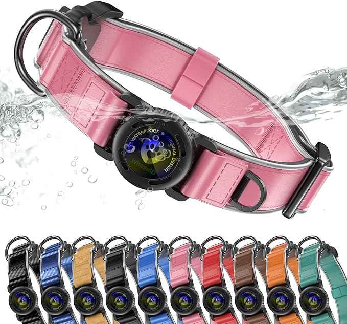 WhoseID Premium Leather Dog Collar - Waterproof AirTag Dog Collar | Magnetic Buckle Heavy Duty Collar | Medium Reflective Dog Collar with AirTag Holder