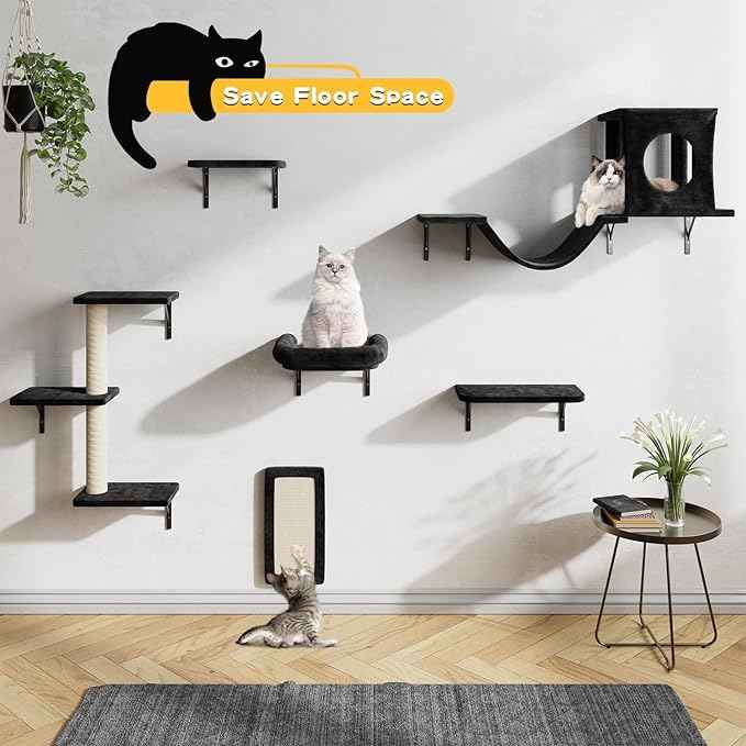 NUNU LAB Wall Mounted Cat Wall Shelves, 12-in-1 Cat Wall Climber with Condos House, Scratching Post, Bridge Ladder, Indoor Space-Saving Furniture for Kittens Play, Black