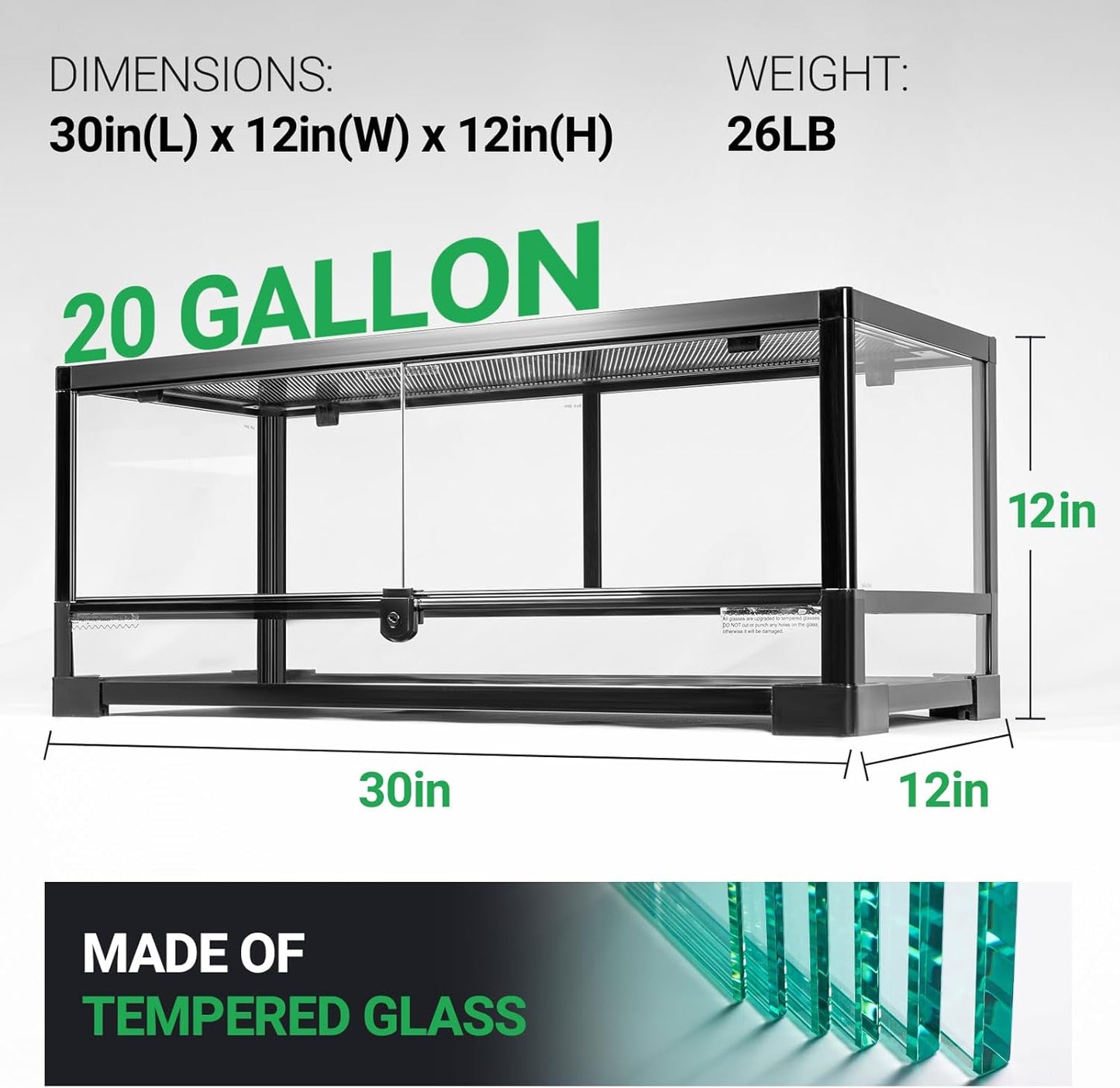 Tempered Glass Reptile Tank, 30x12x12 Inch Front Opening Terrarium with Top Screen Ventilation & Water-Holding Bottom, 20 Gallon Reptile Enclosure for Snake, Leopard Gecko, Bearded Dragon - FurryFun