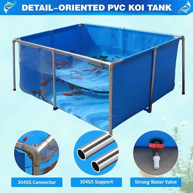 PVC KOI Aquarium Tank, Temporary Fish Tank with Clear Viewing Panel, KOI/Goldfish Pond with 304SS Frame & Drain Valve(47.3" L*31.5" W*23.6" H, About 135Gal Water Capacity)