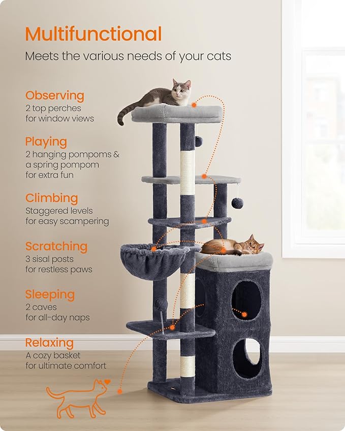Feandrea Cat Tree, 60-Inch Cat Tower, Multiple-Level Plush Condo with 2 Caves, 3 Scratching Posts, 3 Perches, Dark Gray UPCT007G02