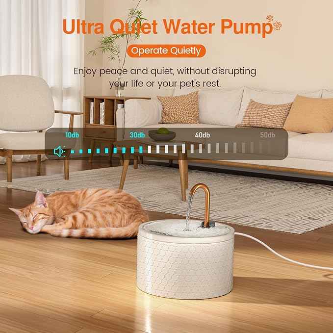 Ceramic Cat Water Fountain - 2.1L/71oz - Honeycomb Embossed All-Ceramic Body & Pure Copper Spout - Non-Toxic & Automatic Pet Drinking Fountain Indoor with Ultra-Quiet Pump, 3 Filters & Sponge