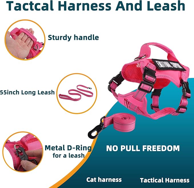 Tactical Cat Harness Pink for Walking Esacpe Proof,Adjustable Soft Mesh Large Cat Vest with Rubber Handle Easy to Control,Molle Patches XL