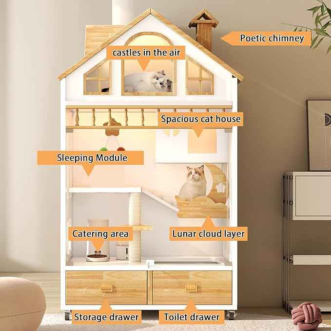 Enclosed Cat Condo, Large Wooden Cats House Indoor Cage Cat Enclosure on Wheels, Multi-Feature Enclosed Condo with Litter Box Drawer for Indoor Cats,63" X 35" X 24" (White, 63" X 35" X 24")