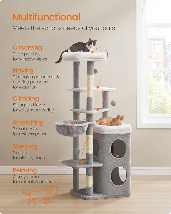 Feandrea Cat Tree, 60-Inch Cat Tower, Multiple-Level Plush Condo with 2 Caves, 3 Scratching Posts, 3 Perches, Dove Gray UPCT007G01
