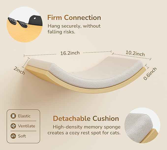 Cat Window Perches, Curved Cat Wall Beige Bed and 2 Floating Wall Steps, Wall Mounted Climbing Shelves for Sleeping, Playing, and Lounging