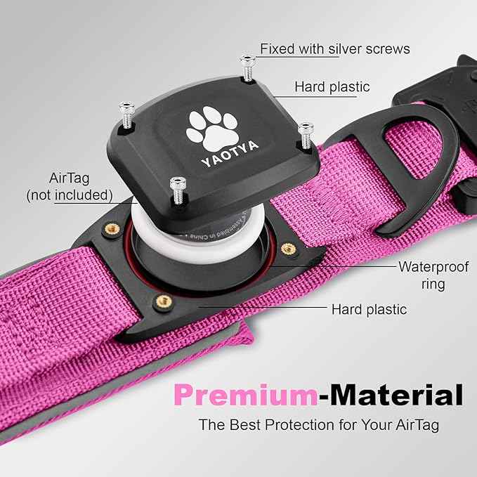 2026 Upgrade Dog Collar with IPX8 Waterproof AirTag Holder,Military Tactical Comfortable Control Handle and Ultra-Durable Metal Buckle/Night Reflective,GPS Collar for Medium to Large Dogs（Pink/XL）