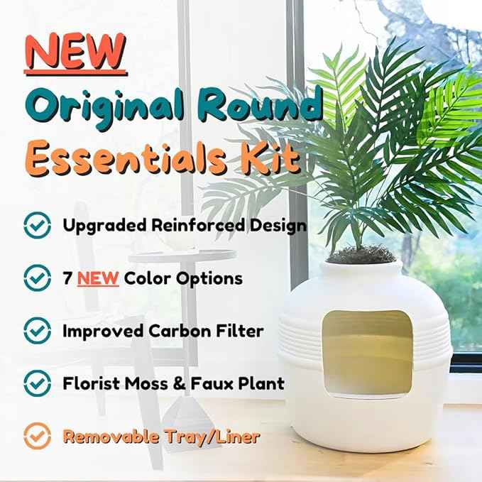 Good Pet Stuff Hidden Litter Box Planter, Decorative Cat Litter Enclosure with Carbon Filter, Artificial Plant, Easy Clean, Removable Liner, Round Style, Essentials Kit, Classic White