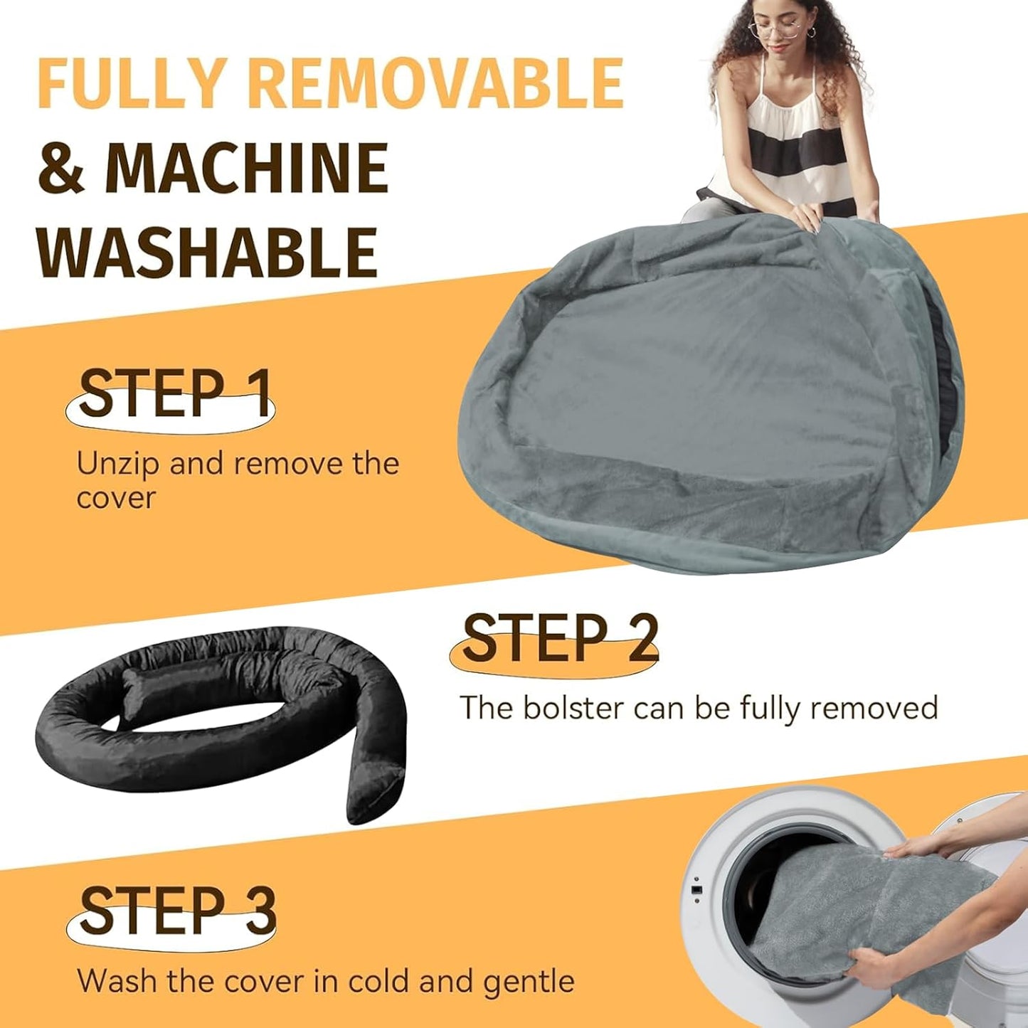 Orthopedic Waterproof Large Dog Bed: Memory Foam Washable Dog Bed with Bolsters - Removable Orthopedic Cover for Medium L XL Large Sized Pet - Non-Slip Bottom - Grey