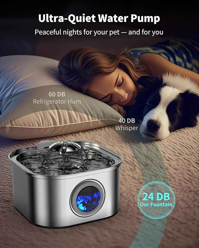 Cat Water Fountain Stainless Steel, 3.2L/108oz Cat Fountain with Water Level Indicator, Pet Water Dispenser with Quiet Pump Ideal for Cats, Dogs and Multi-pet households