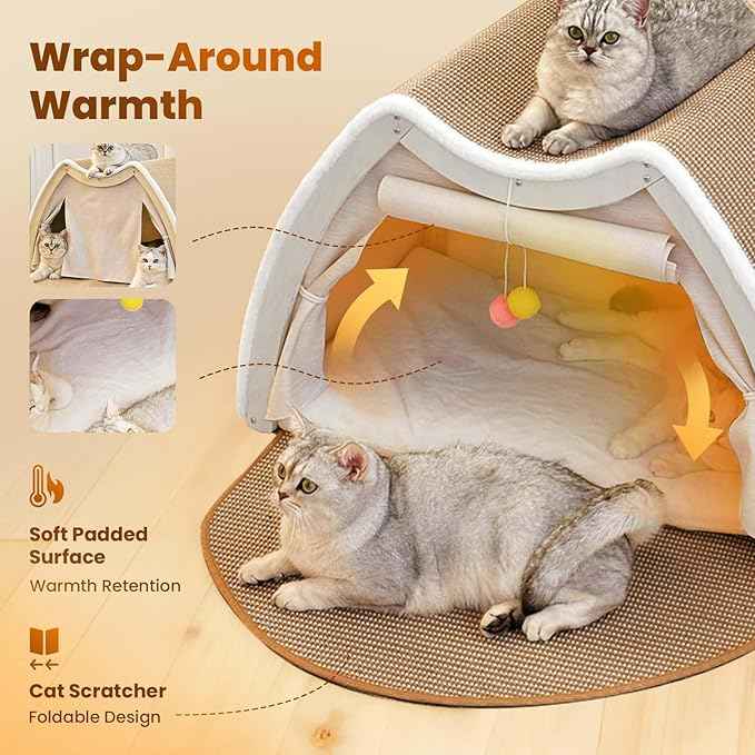 Cat Houses for Indoor Cats - 4 Seasons Cat Bed Cave with Natural Sisal Cat Scratcher Mat, Solid Wood Frame Cat House with Curtains and Cat Floor Scratching Pad Rug, Protect Couch and Carpets, M