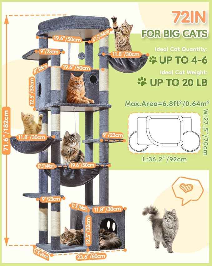 Taoqimiao 72 Inch Cat Tree, XXL Cat Tower for Indoor Cats Large Adult 25Lbs+, Extra-Large Platform, 2 Cat Houses, 7 Scratching Post, Extra-Sized Durable Hammock, Cozy Basket, Smoky Gray, F20G