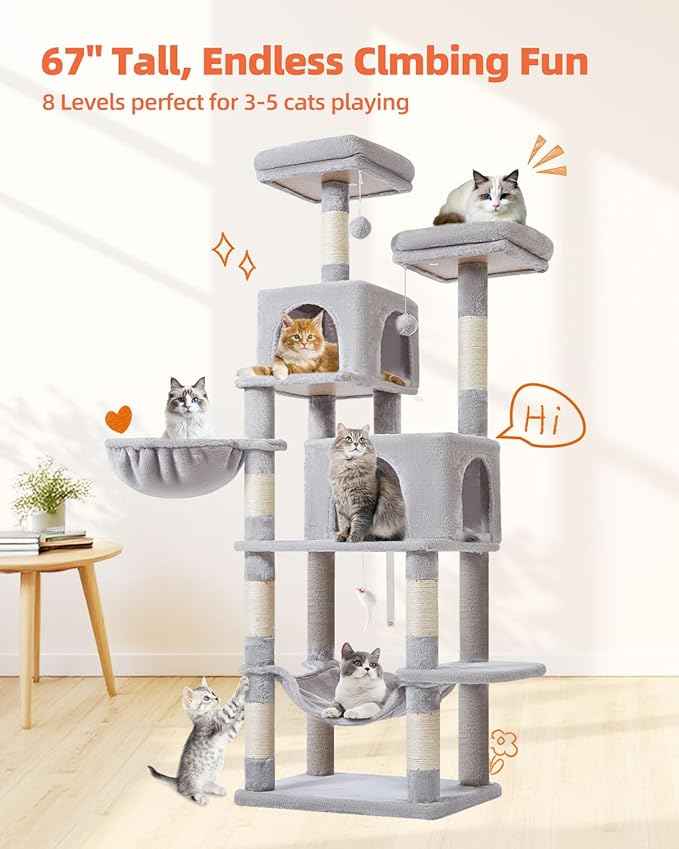 Taoqimiao 66-Inch Cat Tree Cat Tower for Indoor Cats, Plush Multi-Level Cat Condo with 7 Scratching Posts, 2 Perches, 2 Caves, Hammock, 2 Pompoms MS013W Light Gray