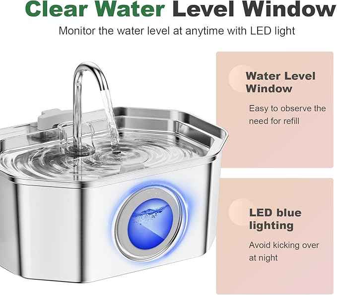 Cat Water Fountain Stainless Steel 108oz/3.2L, APAUK Automatic Pet Fountain Dog Water Dispenser with Water Level Window, Quiet Cat Fountain for Drinking, Inside with Replacement(1 Filter&1 Sponge)