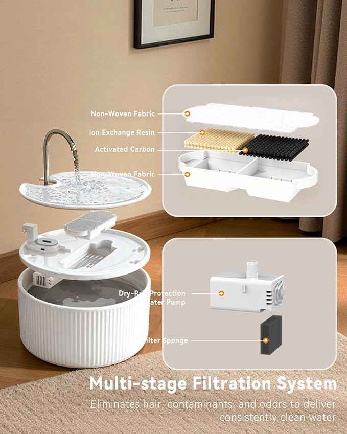Ceramic Cat Water Fountain, 2.2L/74oz Cat Fountains for Drinking Indoor, Pet Water Fountain with Ultra-Quiet Pump