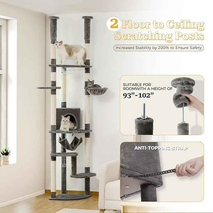 PETEPELA Floor to Ceiling Cat Tree, 92.9''-101.6''Height Adjustable Cat Tower Tall Cat Climbing Play House, Cozy Condo, Scratching Post and Spacious Hammock for Indoor Cats Large Adult, Gray