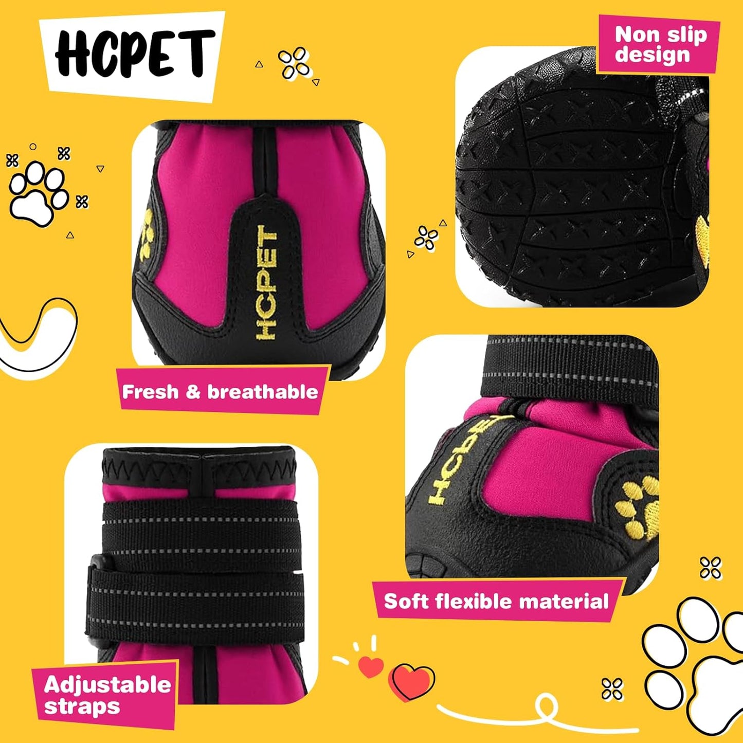 Hcpet Dog Shoes, Dog Boots for Small Dogs, Waterproof Medium Dog Booties Paw Protector for Summer Hot Pavement, Winter Snowy Day, Outdoor Walking, Indoor Hardfloors Anti Slip Sole Pink Size 3