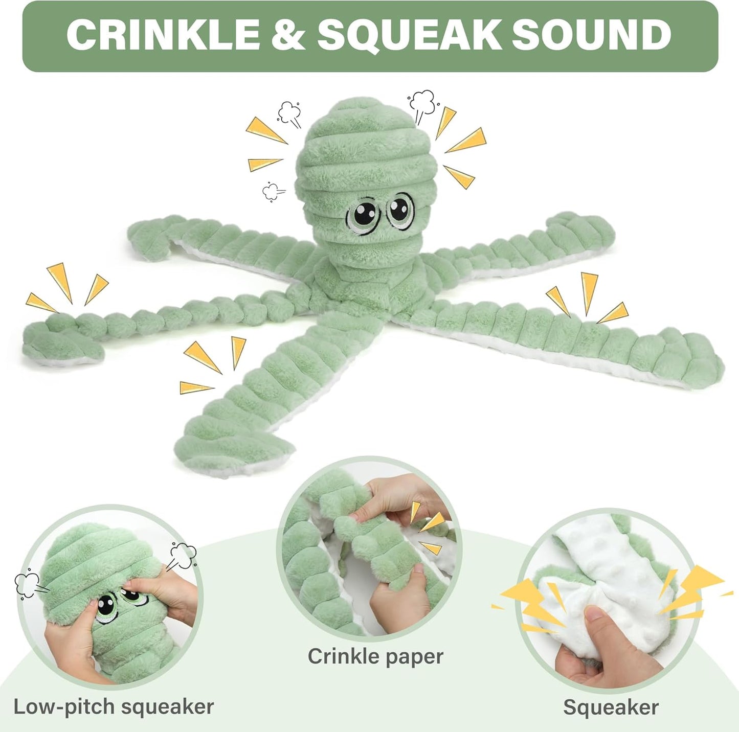 Prime Pets Dog Toys for Large Dogs, 27” Extra Large Plush Octopus Dog Toy, Crinkle Squeaky Dog Toy for Small Medium Large Breeds, Interactive Stuffed Chew Toys to Keep Them Busy, Green