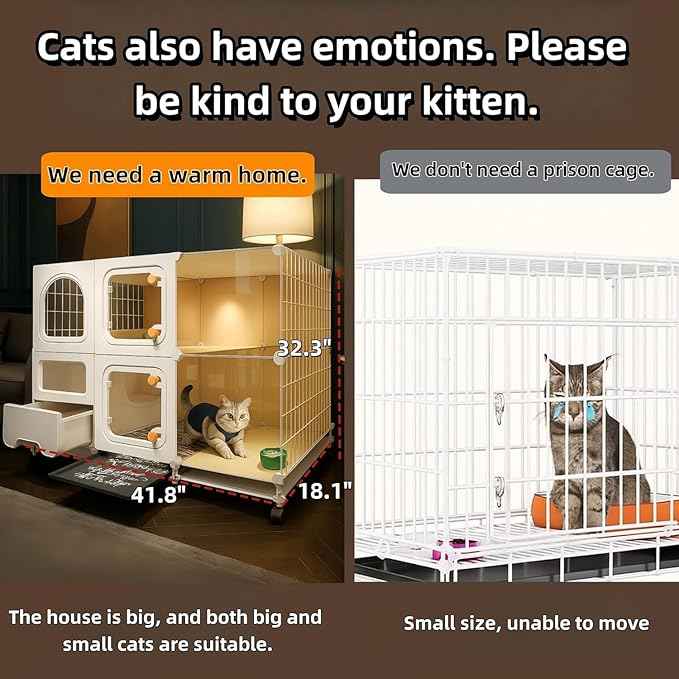 Indoor cat cage with Litter Box, Complimentary Cat Bed, Bow,lcat House with Wheels Outdoor,Large cat Villa Playpen, Small Animal Dog Kennel cat enclosures (42″(L) x18.2″(W) x32.4″(H))