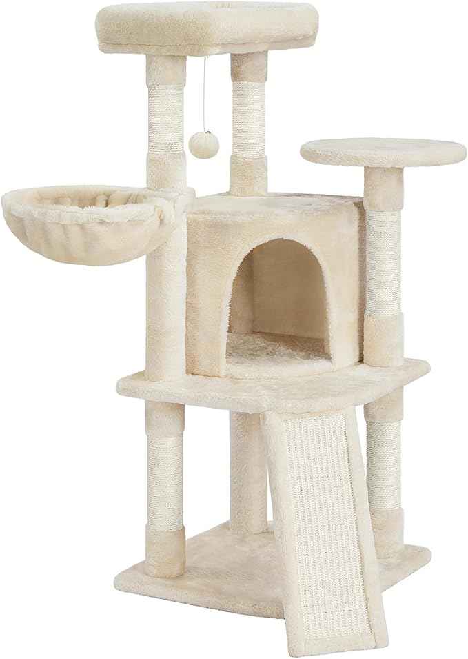 Topeakmart 42in Cat Tree Tower for Indoor Cats, Cat Condo with Perch & Hammock, Activity Center, Multi-Level Cat Furniture with Scratching Posts, Cat House, Beige