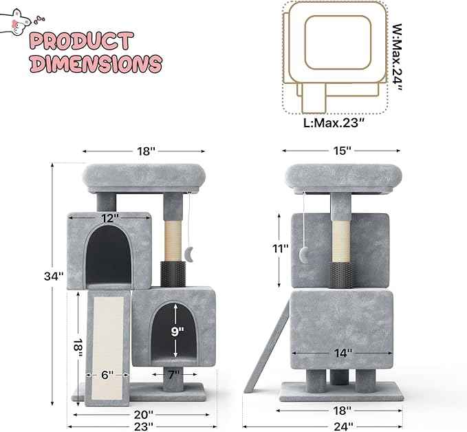 MoNiBloom Cat Tree Tower, 34 Inch Cat Tower with 2 Condos, Scratching Post & Sisal-Covered Scratching Board, Small Cat Climbing Tower, Pet Play House for Indoor Cats, Light Grey