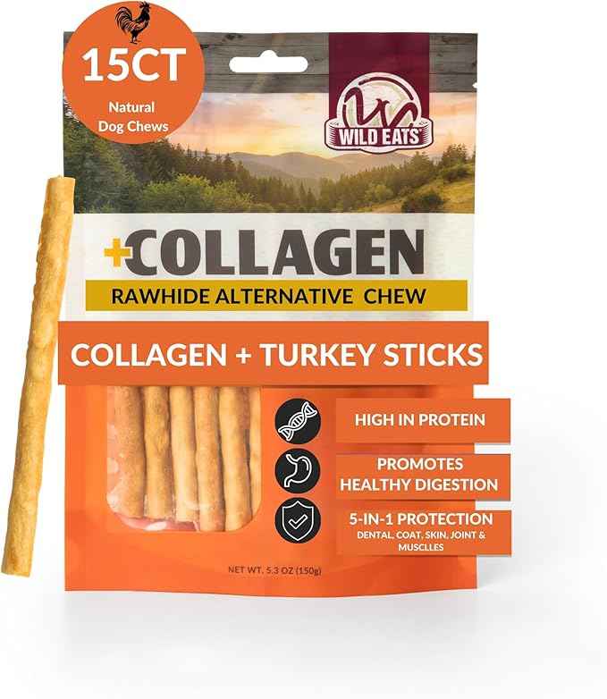 Wild Eats Turkey Collagen Sticks for Dogs (15 Pack, 1 cm Wide) Long Lasting Dog Chews No Hide Dog Treat Bully Stick Alternative, Rawhide Free, Grain Free, High Protein