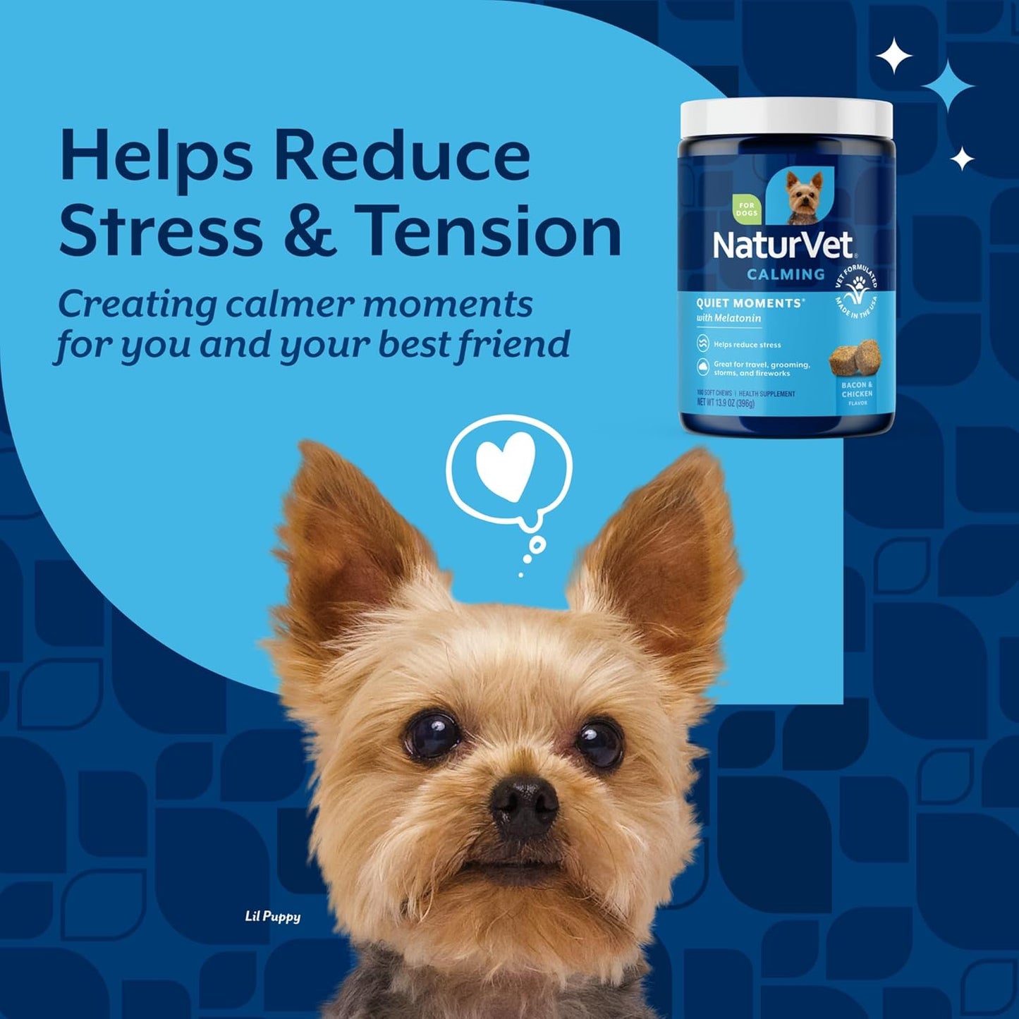 NaturVet Quiet Moments Calming Dog Supplement, Dog Soft Chews with Melatonin to Help Reduce Stress from Storms, the Vet, Fireworks, and Travel, Bacon and Chicken Flavored Pet Supplement, 180 Count Jar
