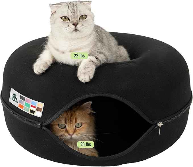 Cattasaurus Peekaboo Cat Cave Donut for Multiple & Large Cats up to 30-45 lbs, 3-in-1 Self Warming Cat Bed, Tunnel & Scratcher for Indoor Cats, Washable & Detachable Small Dog Bed (Black, Large)