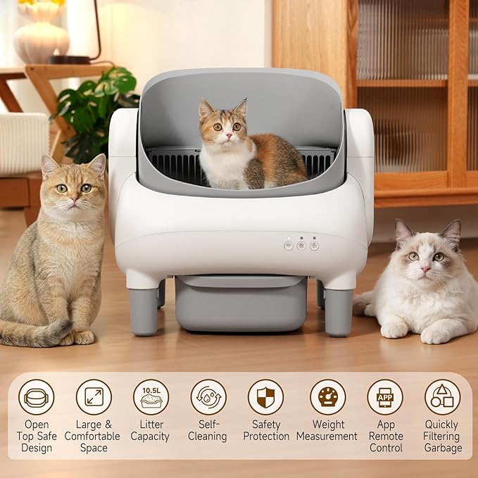 Automatic Cat Litter Box, Self Cleaning Litter Box for Multiple Cats with Open Top Design, App Control, Safet Protection,Ultra-Quiet,Easy Setup,Light Gray