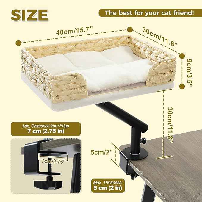 PAWZ Road Cat Desk Bed for Indoor Cats, Wicker Cat Bed for Desk Supports Up to 50 lbs, 360° Rotation & Adjustable Soft Plush Cats Hammock for Desktop, White