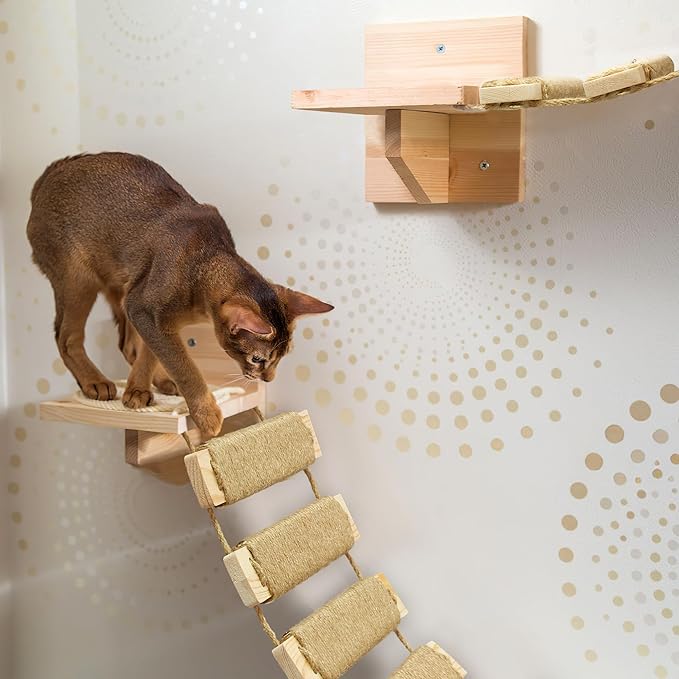 Adjustable Cat Ladder & Bridge - Multi-Functional Wall Furniture Climbing Frame | Sisal-Rope Wrapped Rungs for Secure Climbing | Indoor Cats, Small Pets | Cage Accessories (Wood)