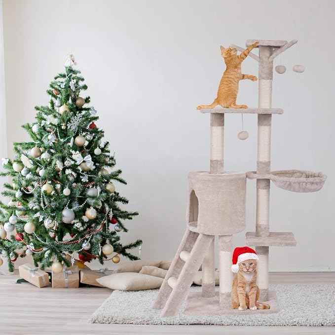 Tangkula 56 Inch Cat Tree - Multi-Level Cat Tower Condo with Sisal Scratching Post and Ladder, Large Cat Playground for Indoor Cats
